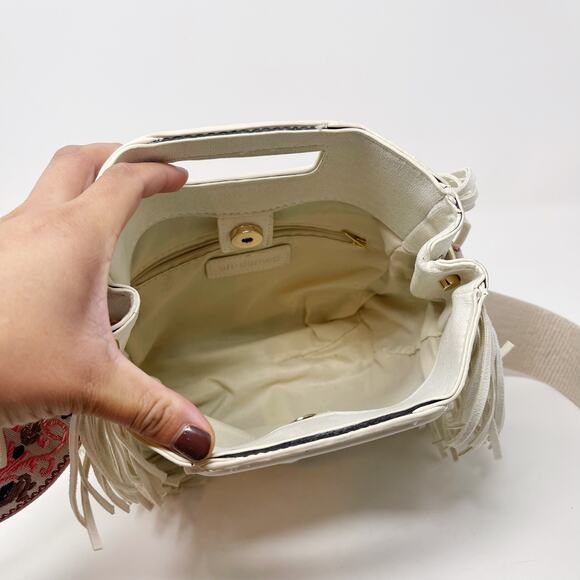 Ahdorned Cream Faux Suede Fringe Crossbody Bag with Pink Brown Wide Boho Strap - Picture 8 of 11